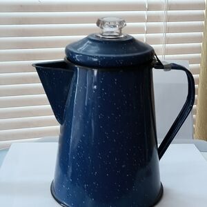 Blue Enamel Metal Coffee Pot With Metal Filter 9 Tall